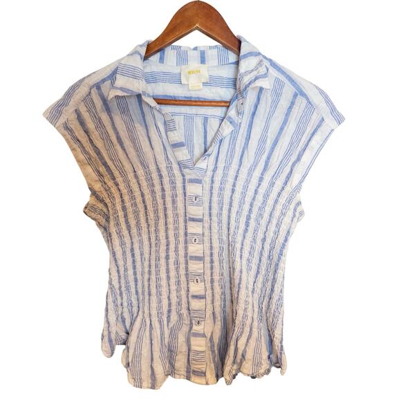 Anthropologie Maeve Striped Ruched Cotton Linen Blend Summer Coastal Blouse M - Picture 3 of 7